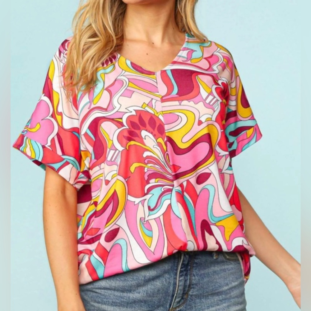 Haptics Bundle of Two Bright Colorful Short Sleeve Summer Tops Beach Vaca Summer